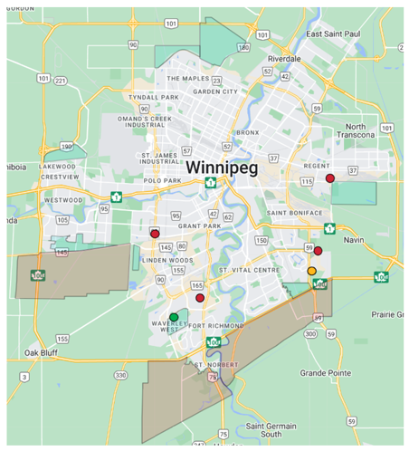 Map of Winnipeg showing growth-supportive location specific investments 