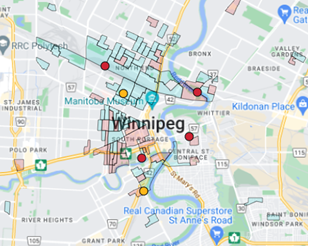 Zoomed in map of Winnipeg showing higher poverty areas near downtown