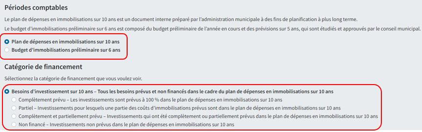 Options de filtres pour le tableau de bord du Plan sur les infrastructures
