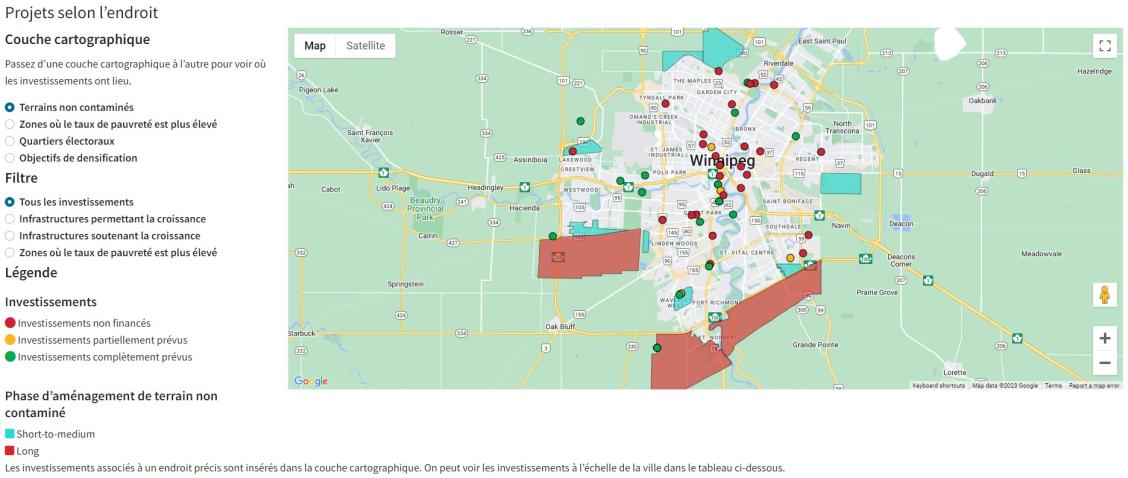 Vue cartographique du tableau de bord montrant une carte de Winnipeg et des épingles représentant les projets selon l’emplacement