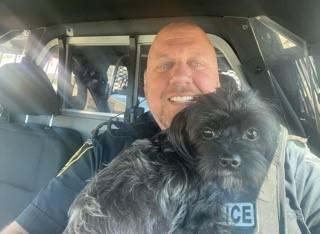 Officer sits in parked cruiser car with stolen dog, Iris