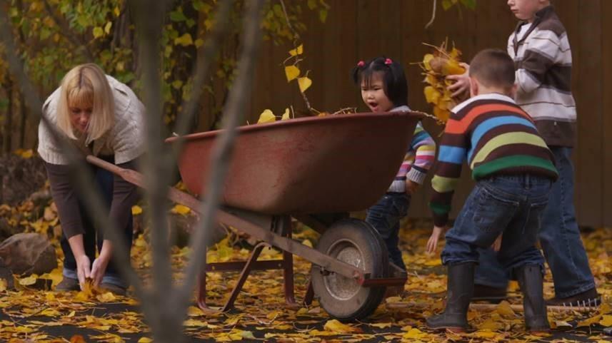 family cleaning up leaves in yard