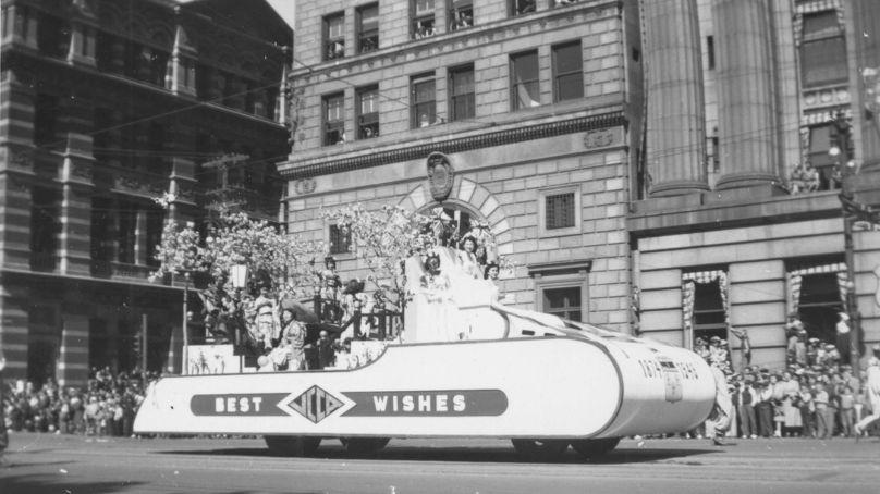 Japanese-themed float on Main Street during Winnipeg's 75th Anniversary Parade