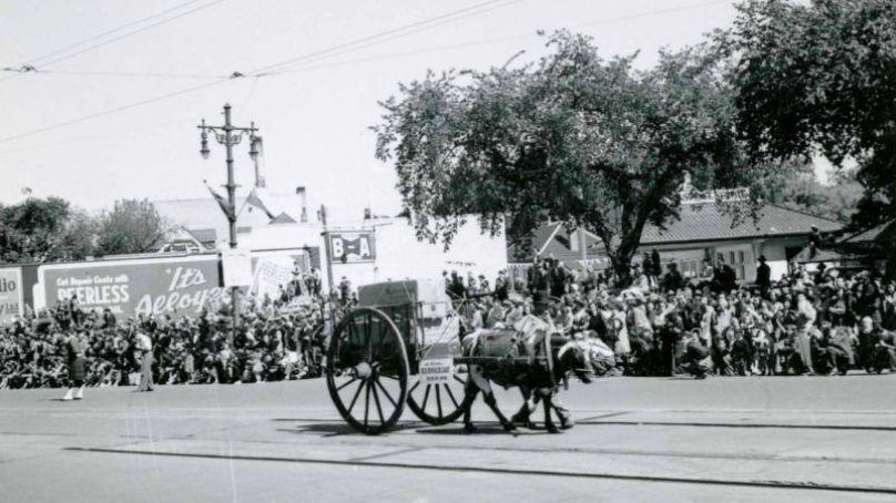 Red River cart during Winnipeg's 75th Anniversary Parade