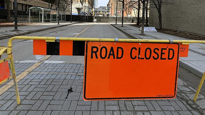 Road closed barricades will go up several hours before puck drop.