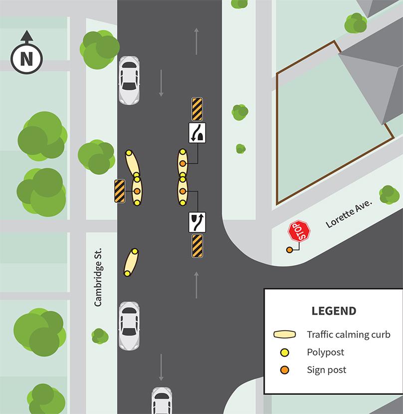 Map showing placement of traffic calming measures at Cambridge and Lorette