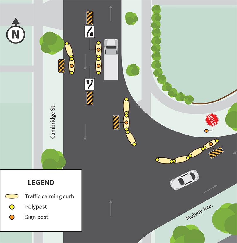 Map showing placement of traffic calming measures at Cambridge and Mulvey