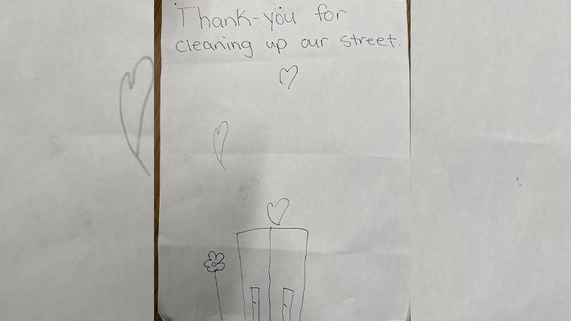 A thank you note a Neighbourhood Action Team received from a child.