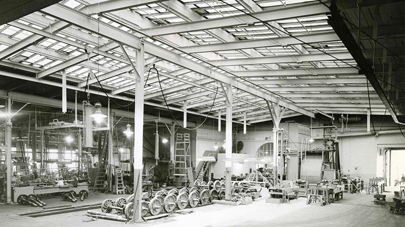 The Main Carhouse interior under the skylight. This was one of many buildings part of the transit base on Assiniboine Ave (both sides of the street) west of Main St. Likely taken in 1942.
Photo by L. B. Foote, Source: COWA, C20, F126, I52.