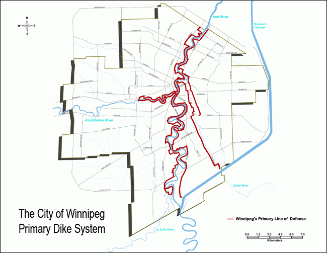 Map of the City of Winnipeg primary dike system. Shows a red line along the rivers within the City that symbolizes Winnipeg's primary line of defense