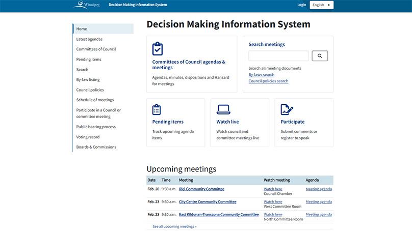 The landing page of the new Decision Making Information System