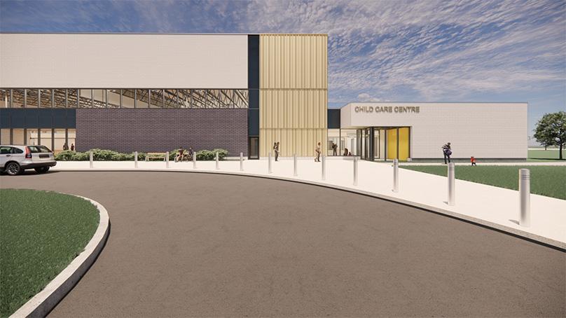 Rendering of the South Winnipeg Recreation Campus childcare wing exterior.