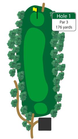 Your round begins with a mid-length par 3 to a green that slopes from back to front. Par is a good start to your round. 