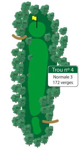 Ce par 3 de longueur moyenne exige un coup de départ précis afin d’éviter les nombreux arbres qui bordent chaque côté de l’allée.