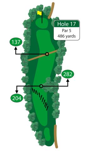 This challenging uphill par 5 requires a left to right tee shot which will position you well in the fairway. Be cautious as you approach the green which slopes heavily from right to left. 