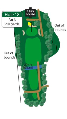 The finishing hole demands a well struck long iron or fairway wood to a large green. Par is a good score and a great way to finish your round.
