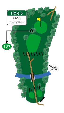 This beautiful short par 3 calls for a tee shot that carries over the seine river. A good tee shot will leave a makeable birdie putt on this flat green.