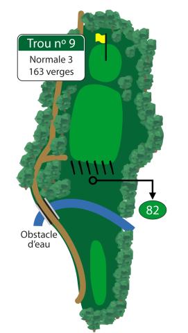 Un coup de départ en montée au-dessus de la rivière Seine pour terminer vos neuf premiers trous. Ce vert présente une forte pente de l’arrière vers l’avant.